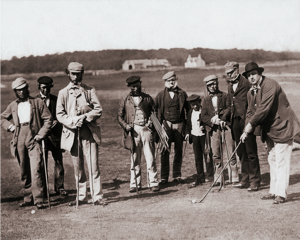 Group of 19th-century golfers at St Andrews, dressed in sack coats, with Tom Morris Sr. on the far left, Daw Anderson at center holding clubs, and Allan Robertson third from the right.