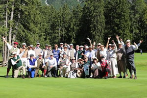 Golfers in traditional hickory golf attire standing together on the green at Golf Club Lenzerheide SHO Open 2026, HGM Tour