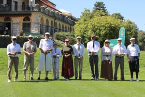 Golfers in traditional hickory golf attire standing together on the green at Golf Club Villa d'Este, Como during the fourth stop of HGM Tour 2026.